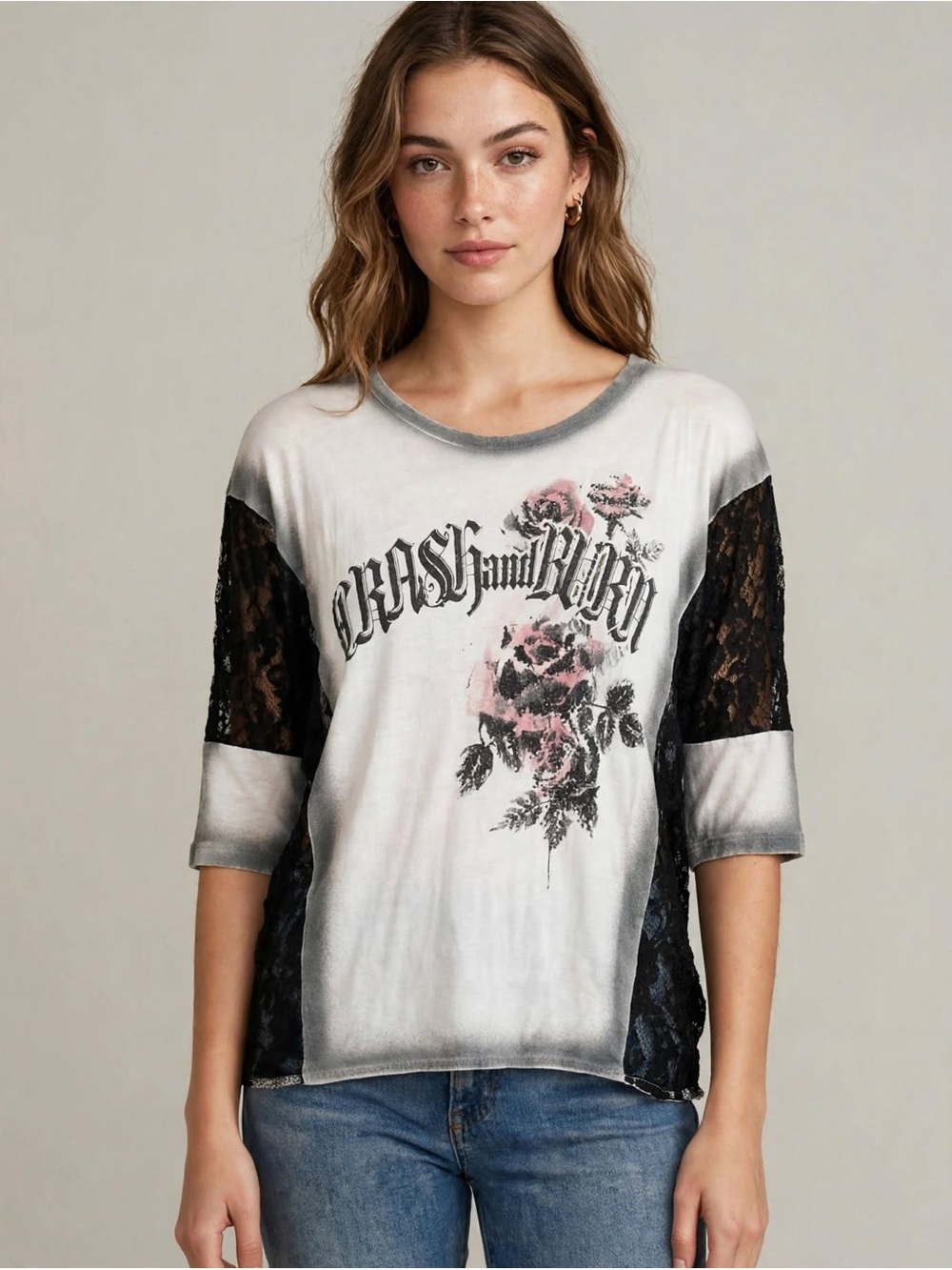 Crash & Burn White Tee with Black Lace Sleeves and Pink Rose Graphic